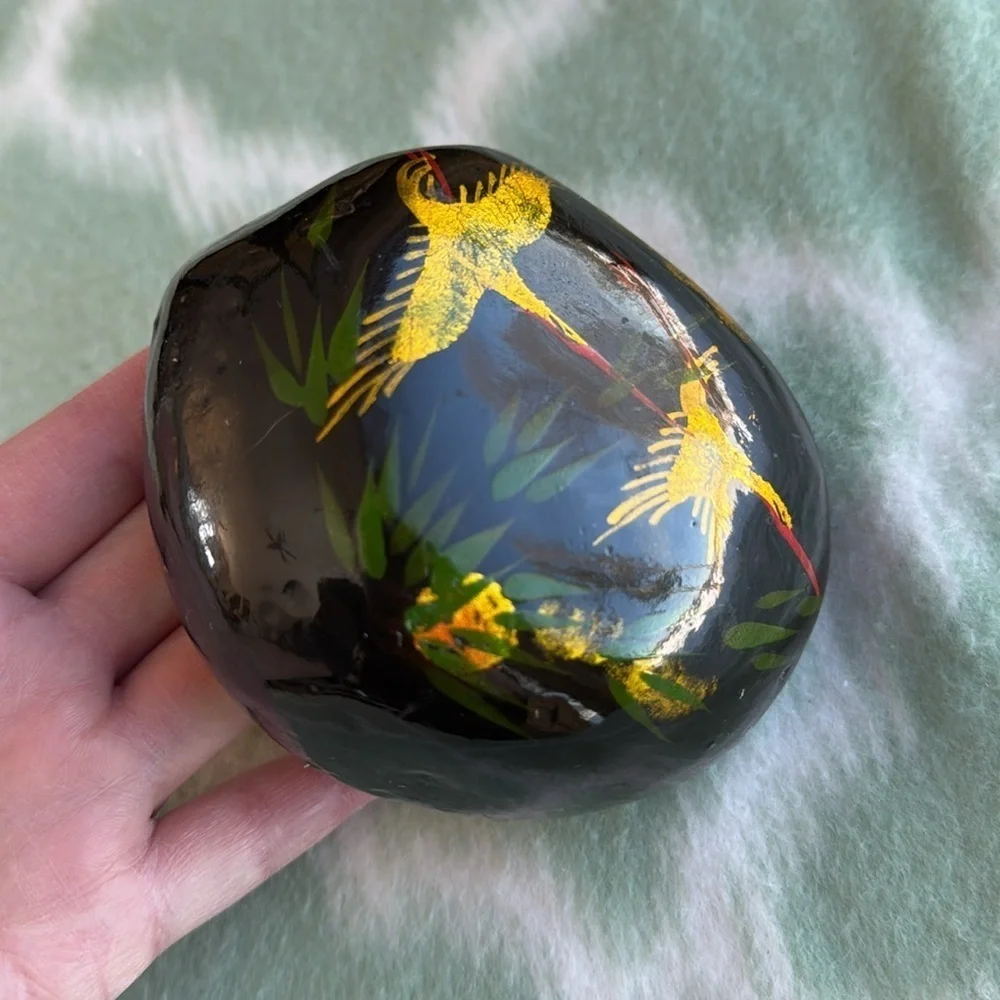 Handcrafted Black Stone with Golden Cranes and bamboo leaves